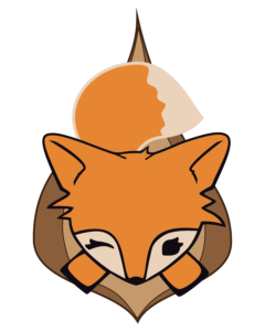 Feisty Fox's logo. It's a cartoon drawing of an orange and white fox that is winking. Its head, front paws, and tail are poking out of something that vaguely resembles a vulva.