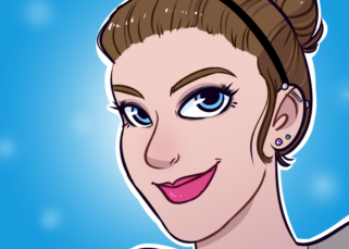 computer made image of a white girl with brown hair pulled into a bun. she is smiling