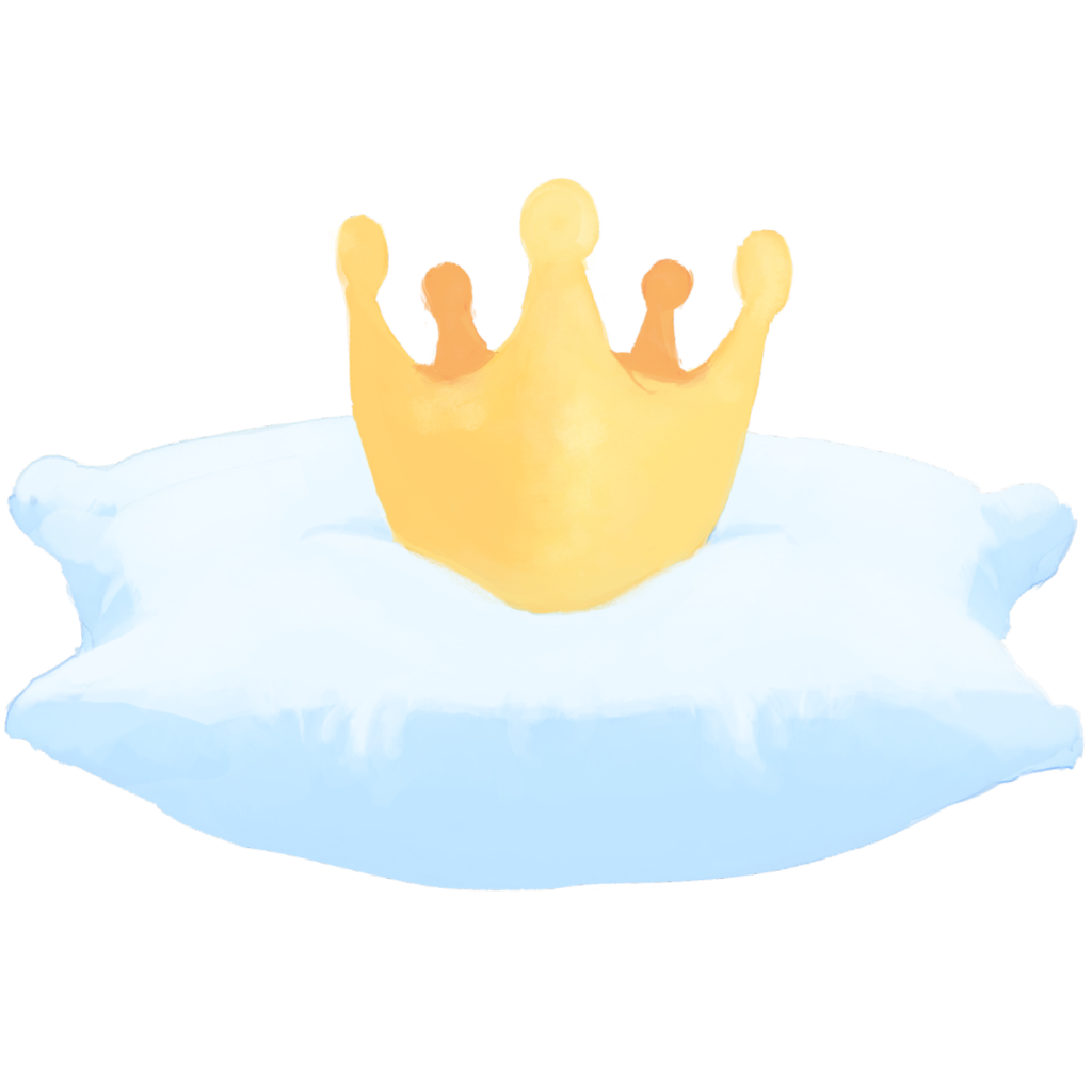 Pillow Princess' logo featuring a yellow crown on top of a whiteish blue pillow