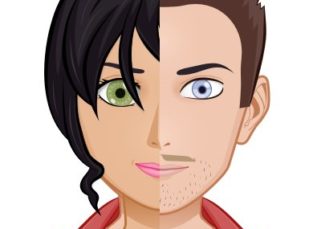 Obsession Rouge's logo of a face split down the middle. On the left is Eve, with long dark hair pulled back and a green eye, on the right is Adam, with short brown hair, a light blue eye and a mustache. They are both wearing a collared salmon coloured shirt, Adam wearing a white tshirt underneath
