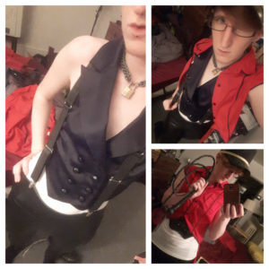 three photos of Taylor. Left, in leather pants, a white shirt, and a fancy black vest with black suspenders. Right top, same outfit plus an unbuttoned red waistcoat. Right bottom, same outfit, waistcoat buttoned up, a large hat, and holding a bullwhip